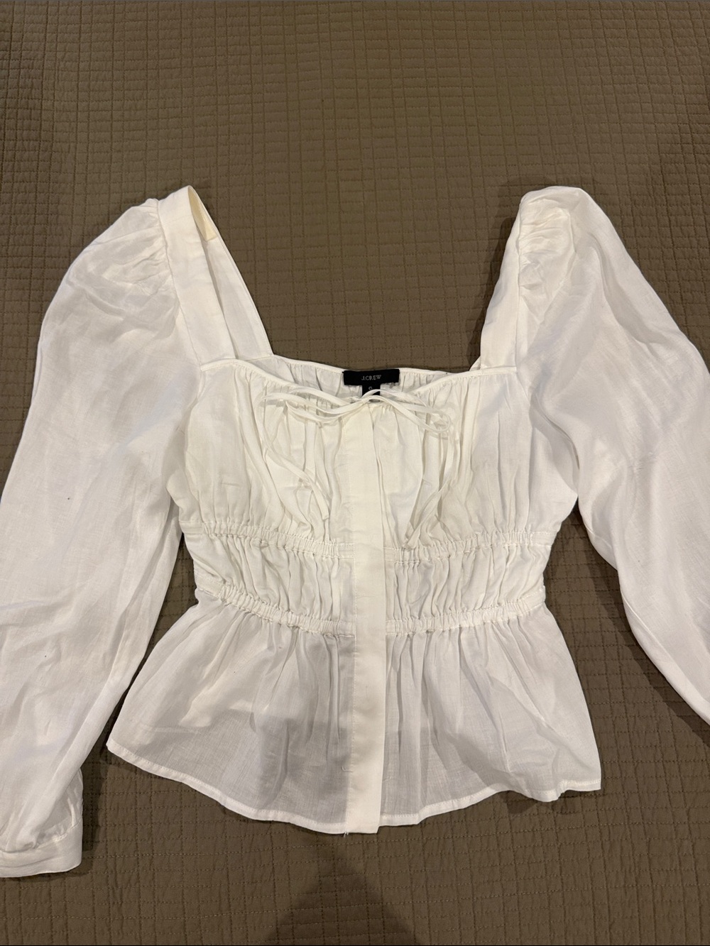 J. Crew White Square-Neck Puff Sleeve Peplum Blouse